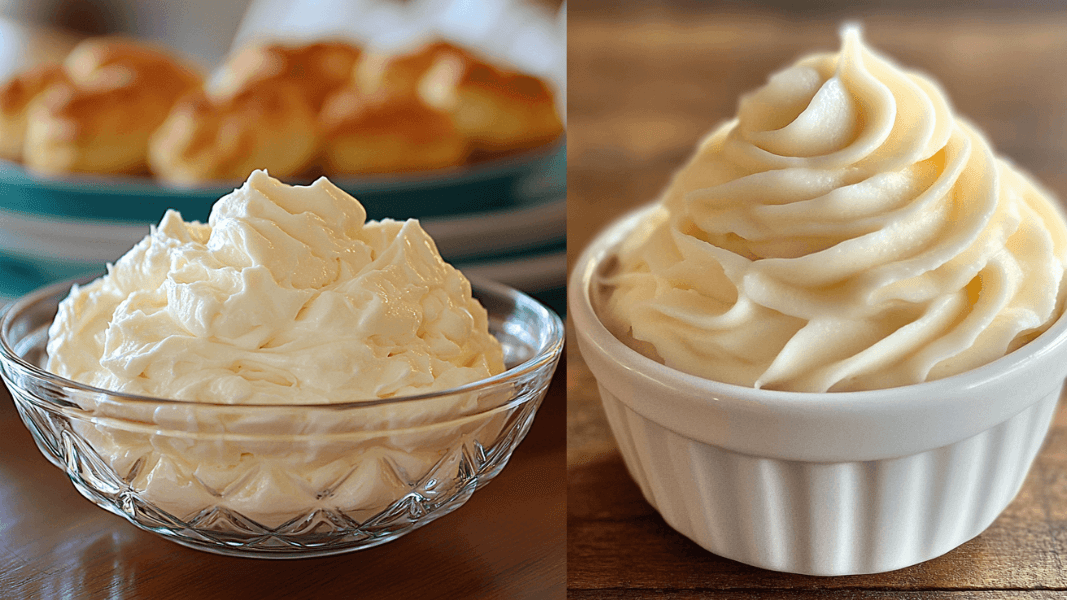 Side-by-side comparison of cream cheese in a clear glass bowl and sweet cream cheese spread piped into a white ramekin, displayed on wooden surfaces