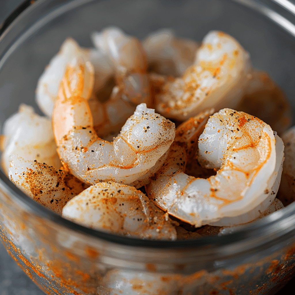 Close-up of raw shrimp in a glass bowl, seasoned with paprika, black pepper, and spices, highlighting the translucent texture of the shrimp and vibrant orange seasoning, with a soft and dark blurred background
