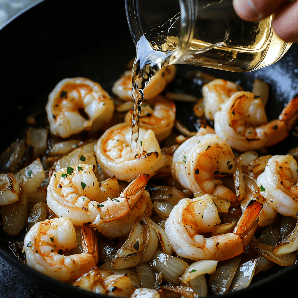 Close-up of shrimp being cooked in a skillet with caramelized onions, as a hand pours white wine from a glass into the pan, creating a rich and flavorful sauce, with golden shrimp and soft natural lighting