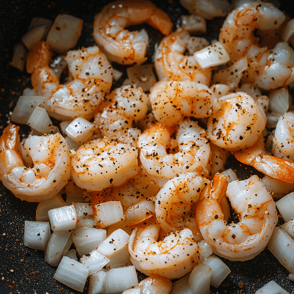 Close-up of shrimp being sautéed in a skillet with diced onions, lightly seasoned with paprika and black pepper, showcasing a mix of translucent and golden textures on the shrimp, with rich colors and soft, natural lighting.