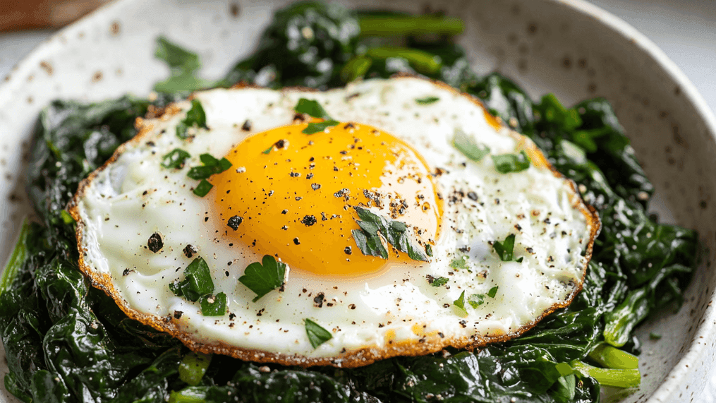 Close-up of a sunny-side-up egg served over a bed of sautéed spinach, garnished with parsley and freshly ground black pepper.