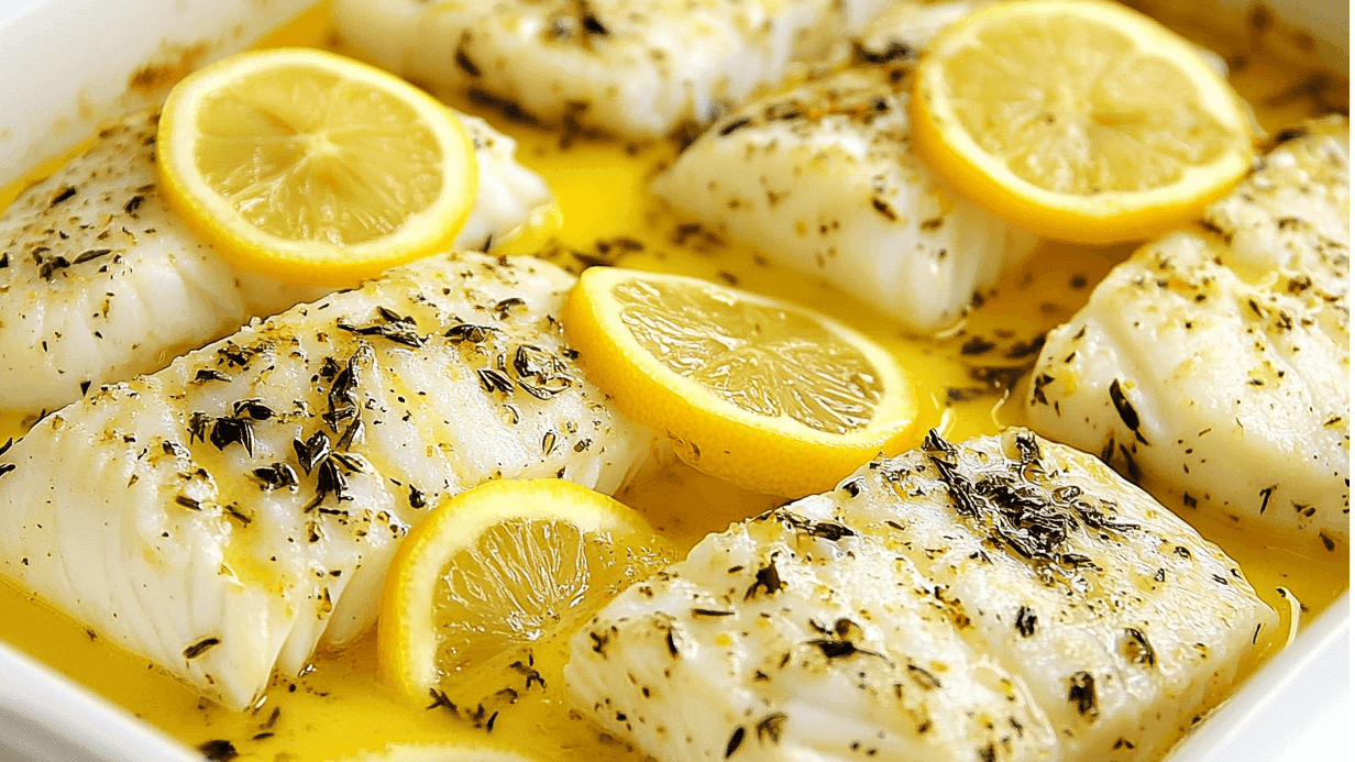 A dish of baked fish fillets garnished with lemon slices and herbs in a white baking dish.