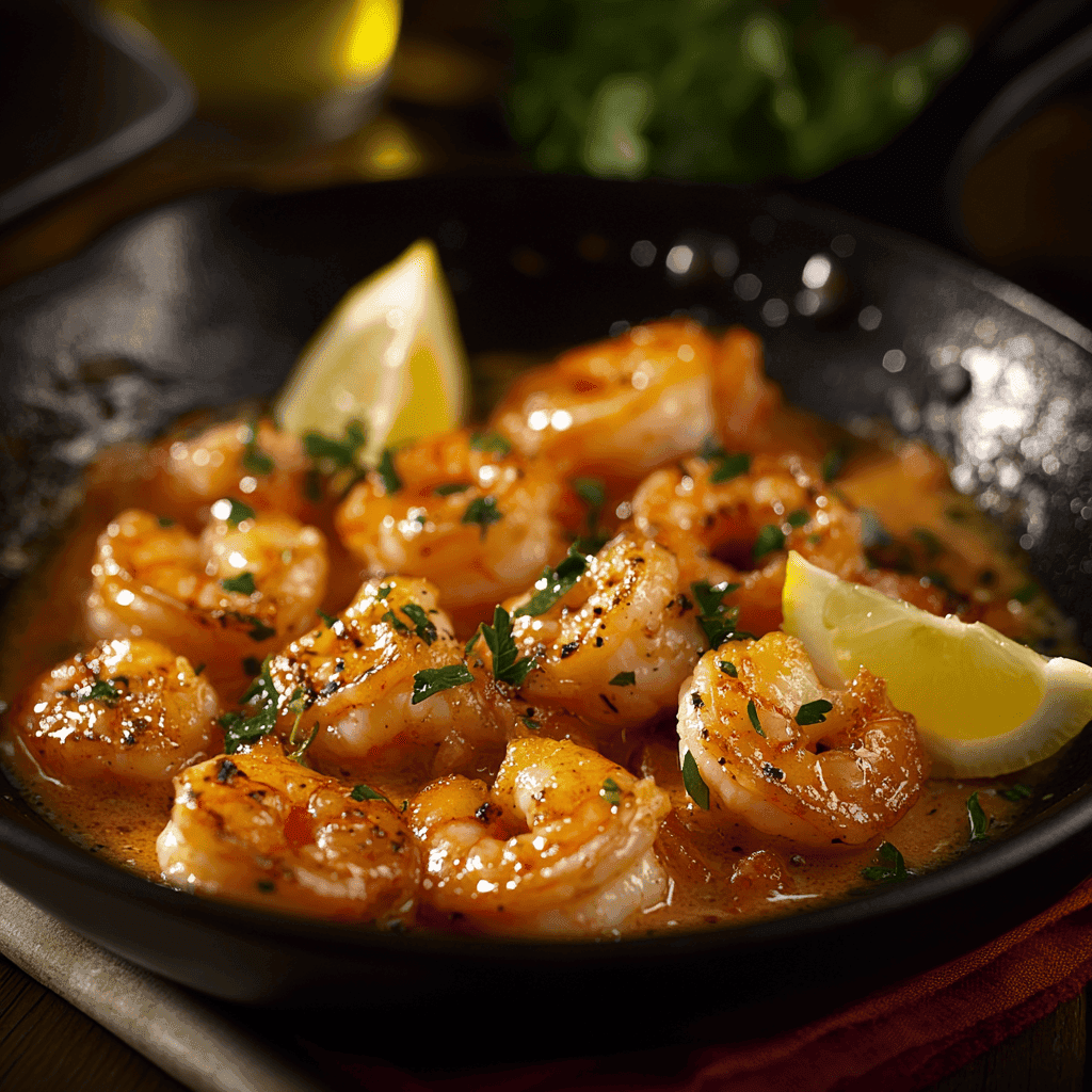 Cooked shrimp in a black skillet with garlic butter sauce, garnished with fresh parsley, served with toasted bread slices and a lemon wedge, surrounded by fresh parsley leaves, garlic cloves, and a lemon on a rustic wooden table.