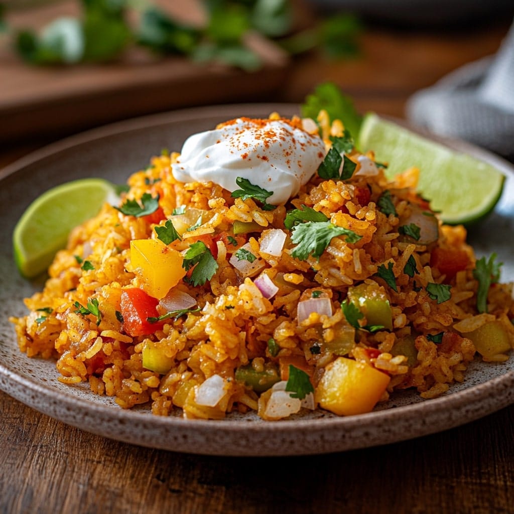 Plate of sassy rice topped with sour cream, fresh cilantro, lime wedges, and a sprinkle of paprika, with colorful diced peppers and onions.