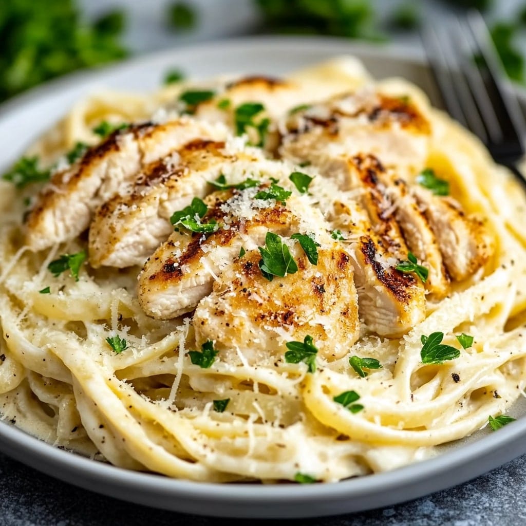A close-up view of creamy fettuccine Alfredo pasta topped with perfectly grilled chicken slices, garnished with fresh parsley and grated parmesan cheese, served in an elegant white bowl with a fork on the side.