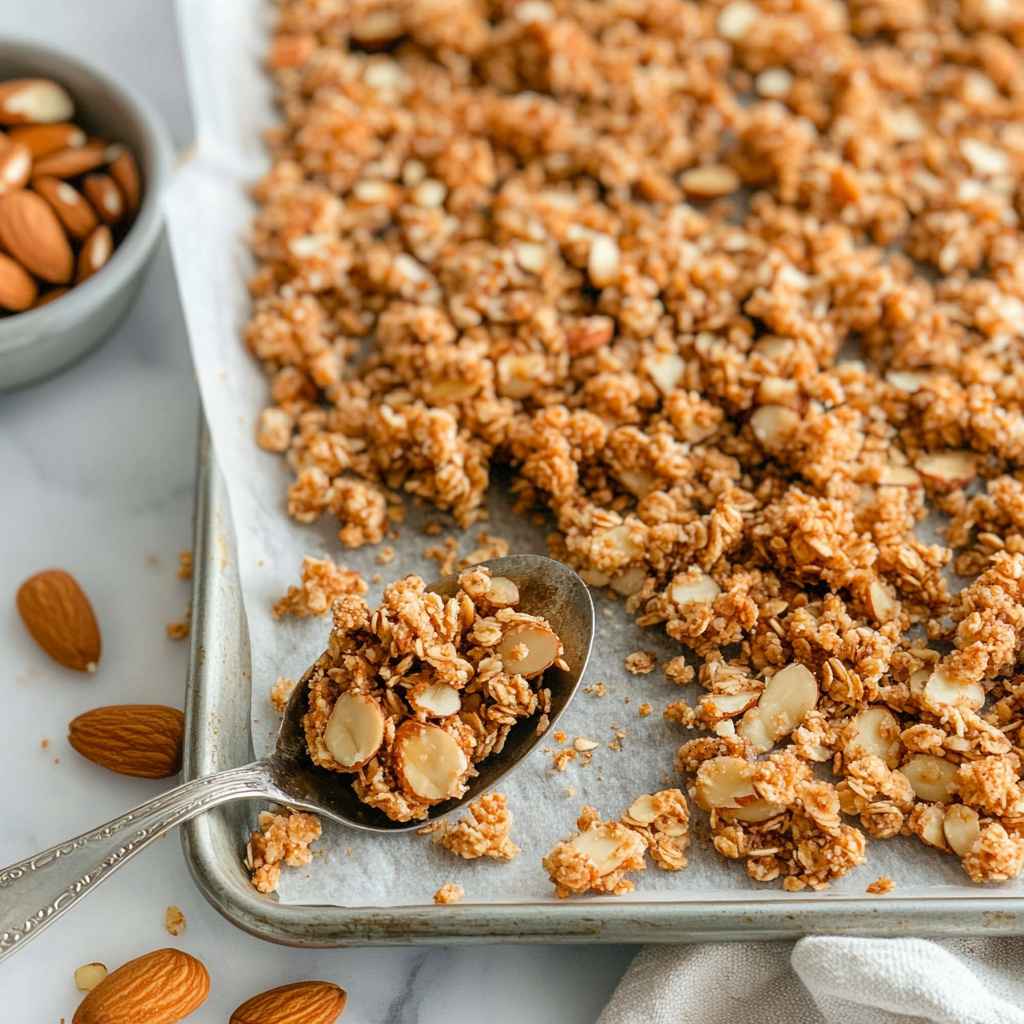 Close-up of homemade vanilla nut granola with sliced almonds on a baking tray, scooped with a silver spoon