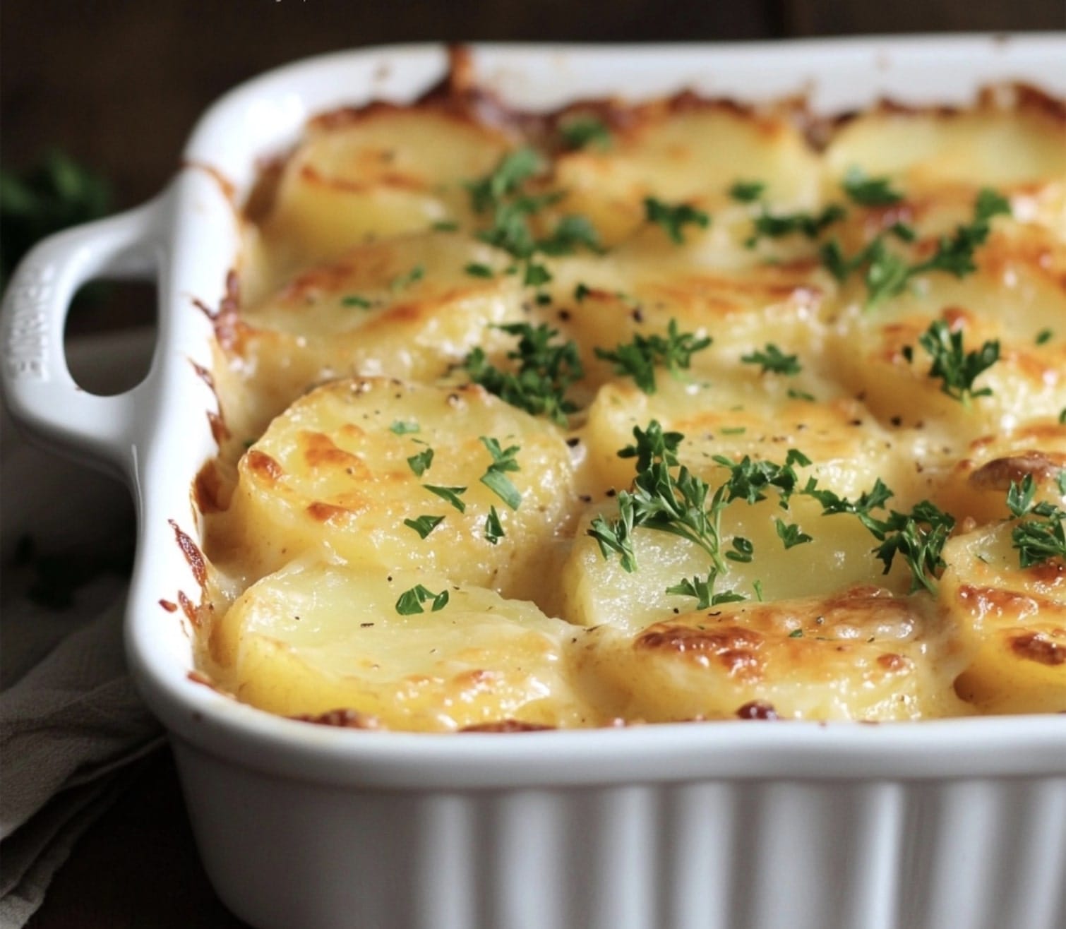 Golden baked scalloped potatoes with a cheesy crust, garnished with parsley, served in a white dish on a rustic wooden table.