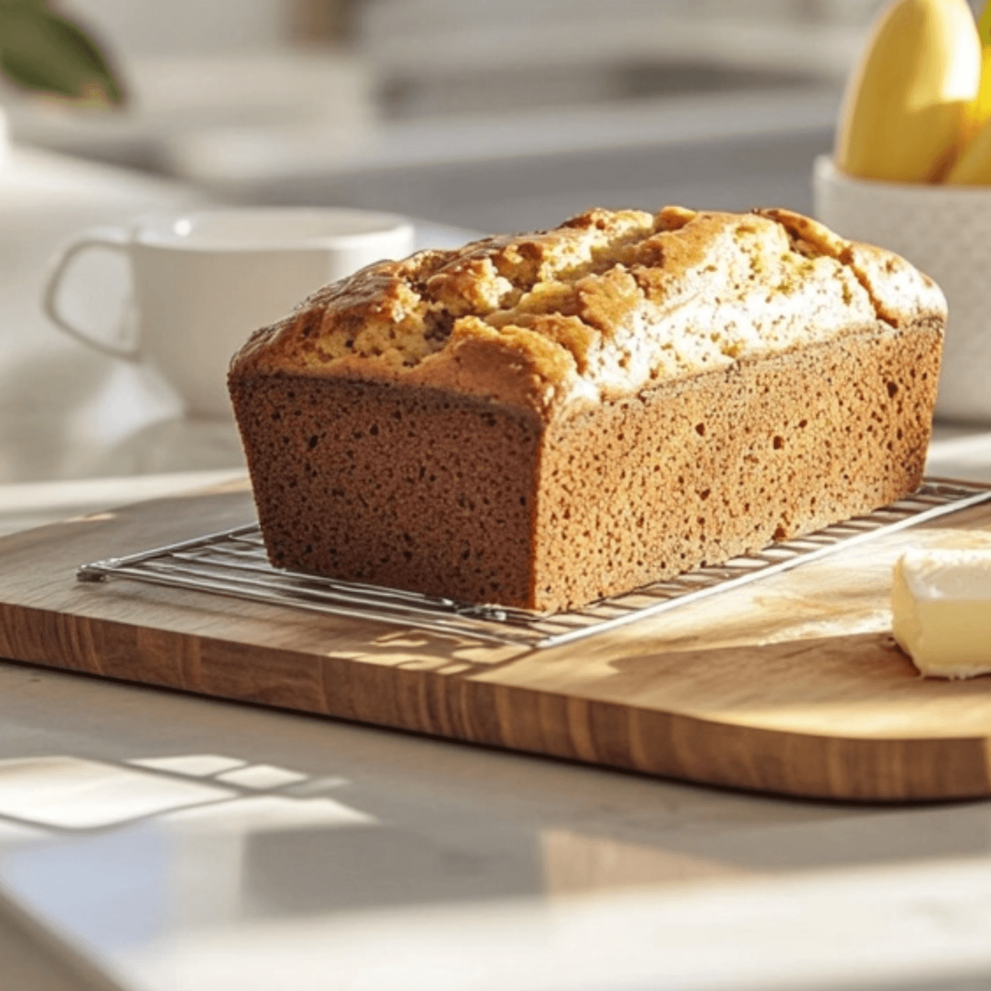 Freshly baked banana bread cooling on a wire rack, with a cup of coffee and ripe bananas in the background.