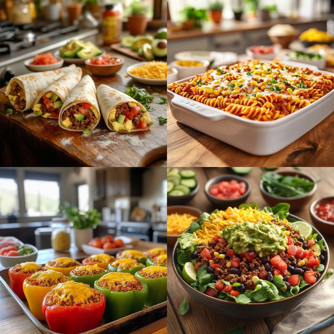 Soft tacos filled with seasoned meat, diced vegetables, avocado, and cheese, served on a wooden cutting board.