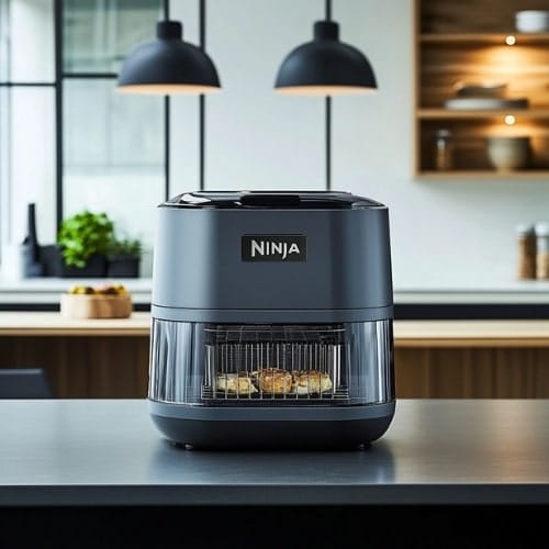 A modern Ninja countertop kitchen appliance with a sleek dark gray design, featuring a transparent lower section showing food inside. It is placed on a black countertop in a stylish kitchen with pendant lights and wooden shelves in the background.