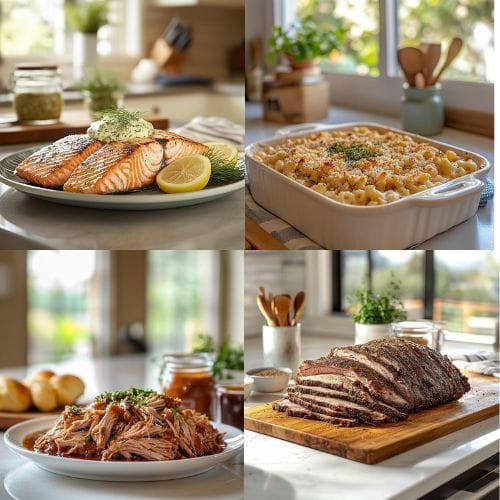 A collage of four delicious pellet grill recipes, featuring smoked salmon, creamy mac and cheese, pulled pork, and a perfectly smoked brisket.