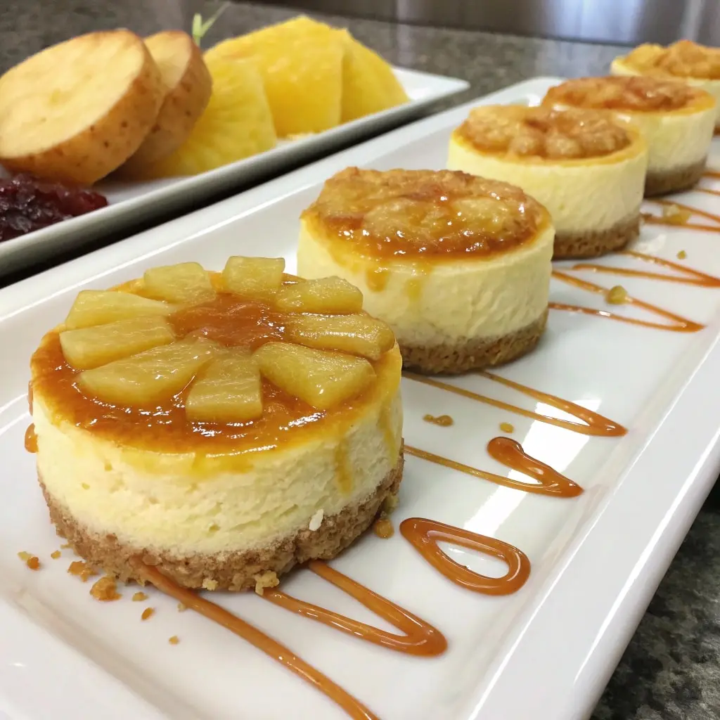 Mini pineapple upside-down cheesecakes with caramelized pineapple and graham cracker crust.