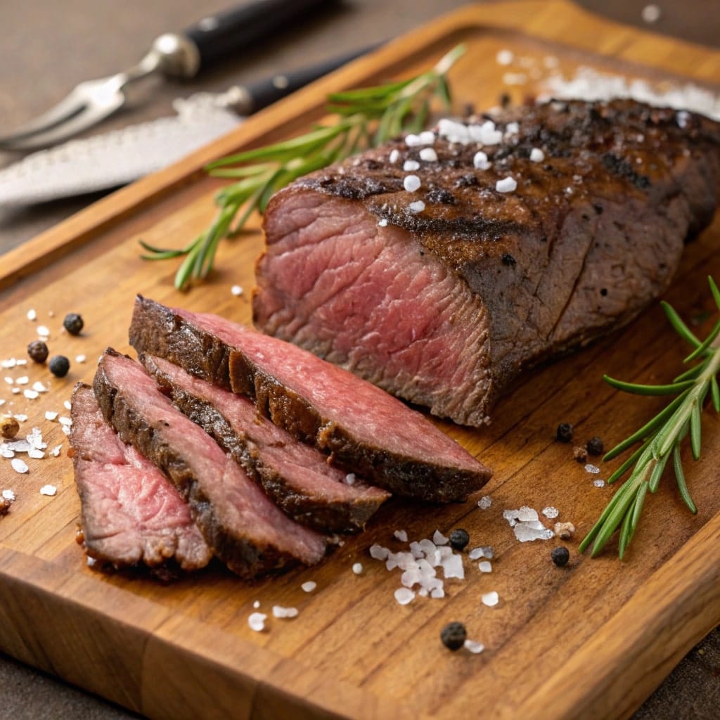 Juicy bavette steak cooked to medium-rare, sliced and served on a wooden cutting board with sea salt, pepper, and fresh rosemary.