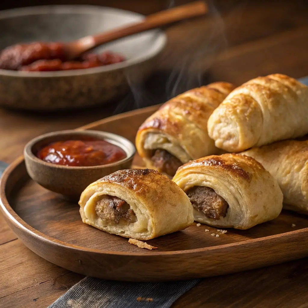 Freshly baked breakfast sausage crescent rolls with dipping sauce