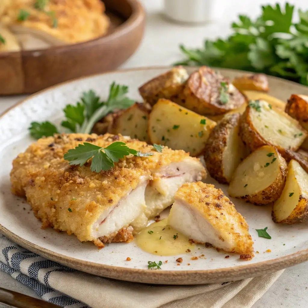 Crispy garlic parmesan chicken and potatoes on a plate.