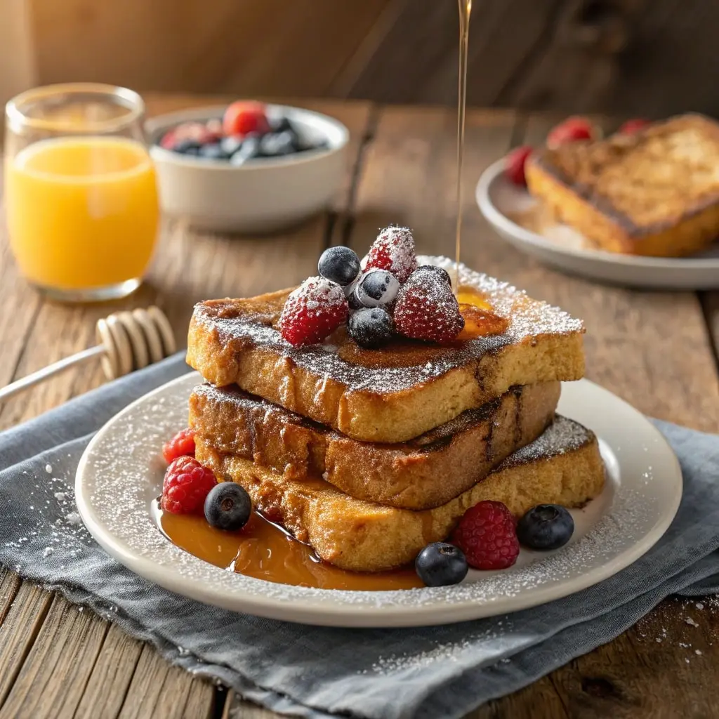 A stack of golden-brown cinnamon sugar French toast with syrup, berries, and powdered sugar on a rustic table.