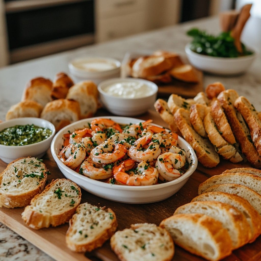 What Goes Well with Garlic Shrimp - A platter of garlic butter shrimp served with toasted baguette slices, dipping sauces, and fresh herbs on a wooden board.