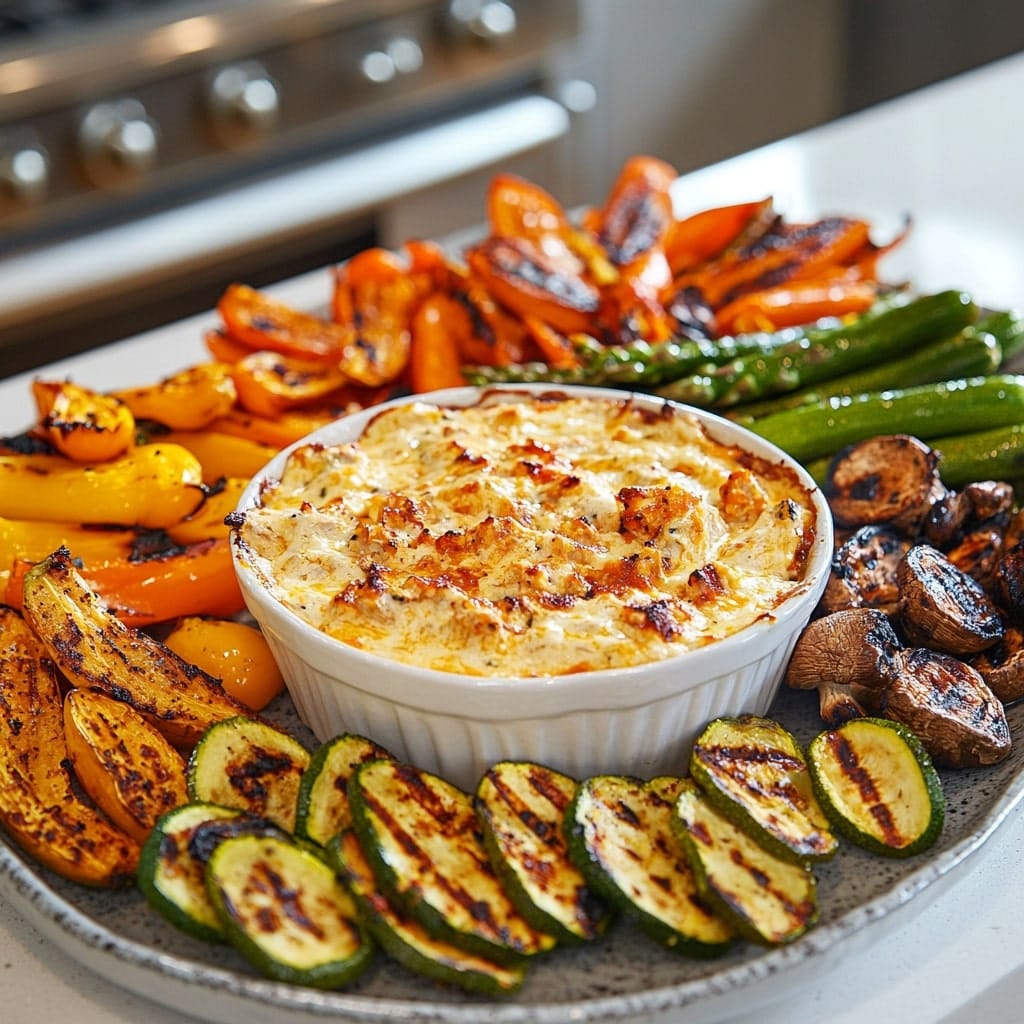 What Goes Well with Chicken Buffalo Dip - Creamy baked buffalo chicken dip served with a platter of grilled vegetables, including zucchini, mushrooms, peppers, and asparagus.