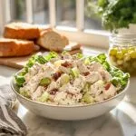 Homemade chicken salad with grapes, pecans, and celery served on a bed of fresh lettuce in a white bowl.