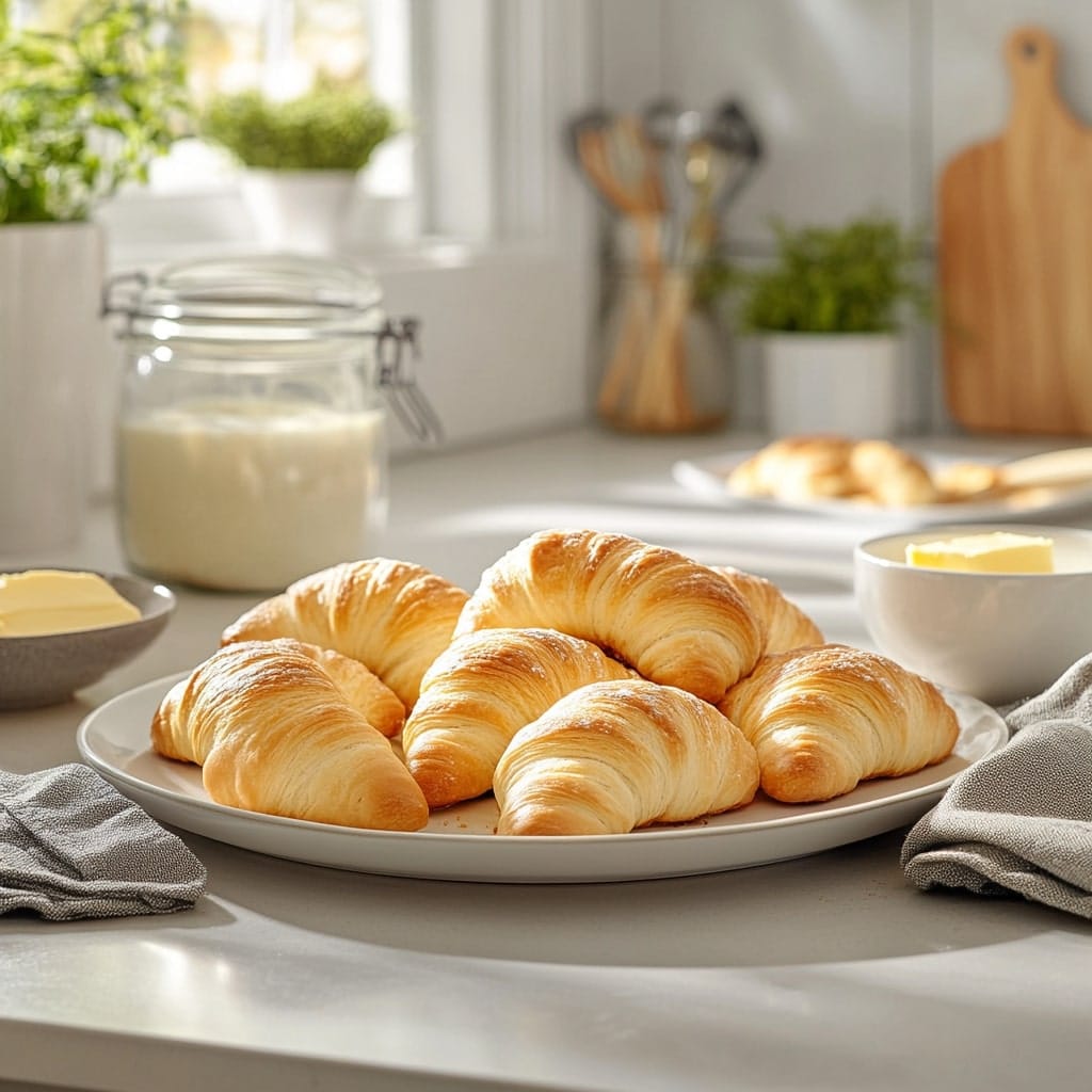Gipfeli Recipe A plate of freshly baked golden Swiss croissants (Gipfeli recipe) placed on a kitchen counter, surrounded by butter, milk, and kitchen decor in soft natural light.
