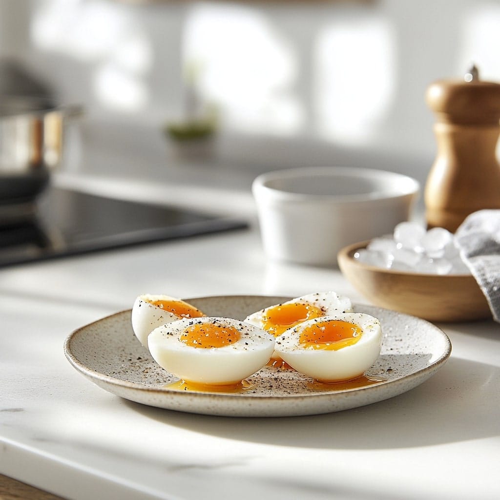 Plate of jammy eggs with vibrant golden yolks sprinkled with black pepper, served on a white kitchen counter with soft natural lighting.