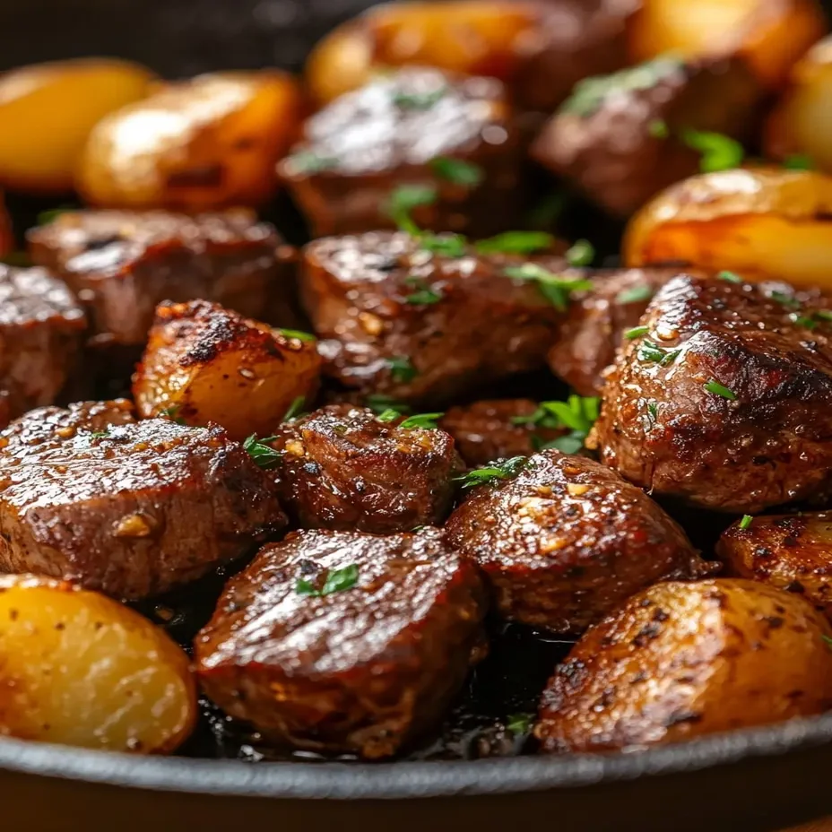Garlic butter steak bites and potatoes sizzling in a cast-iron skillet.