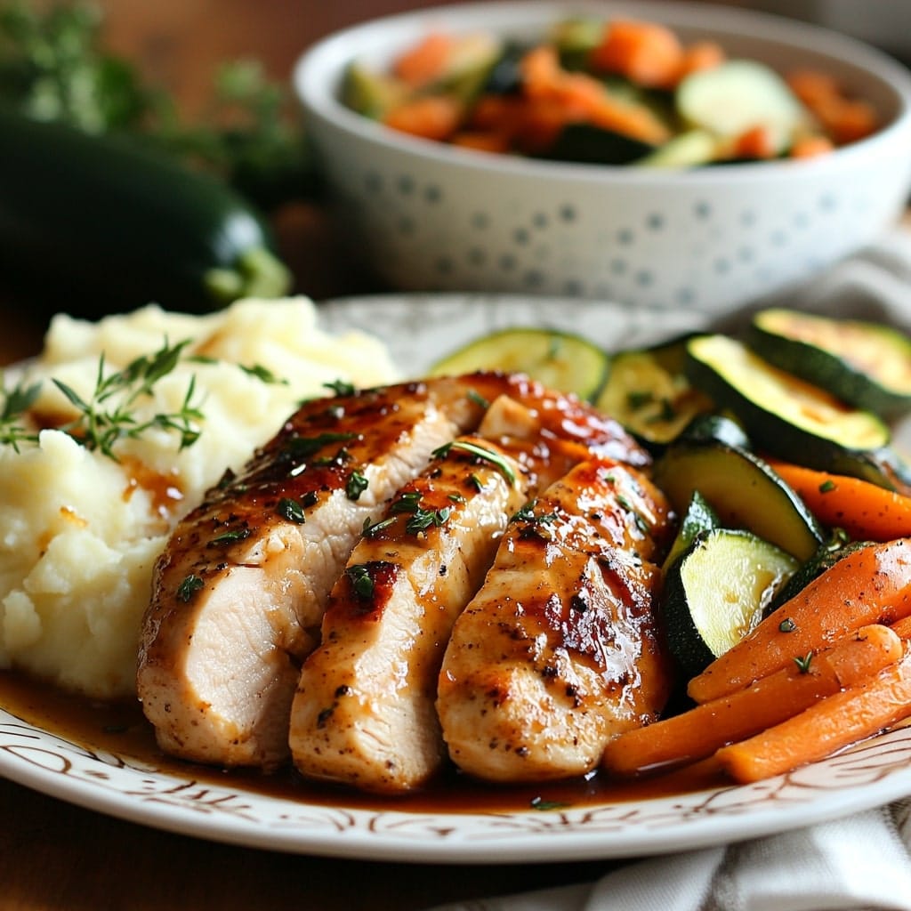 Sliced Creole Butter Turkey Breast served with mashed potatoes, glazed zucchini, and carrots on a decorative plate.