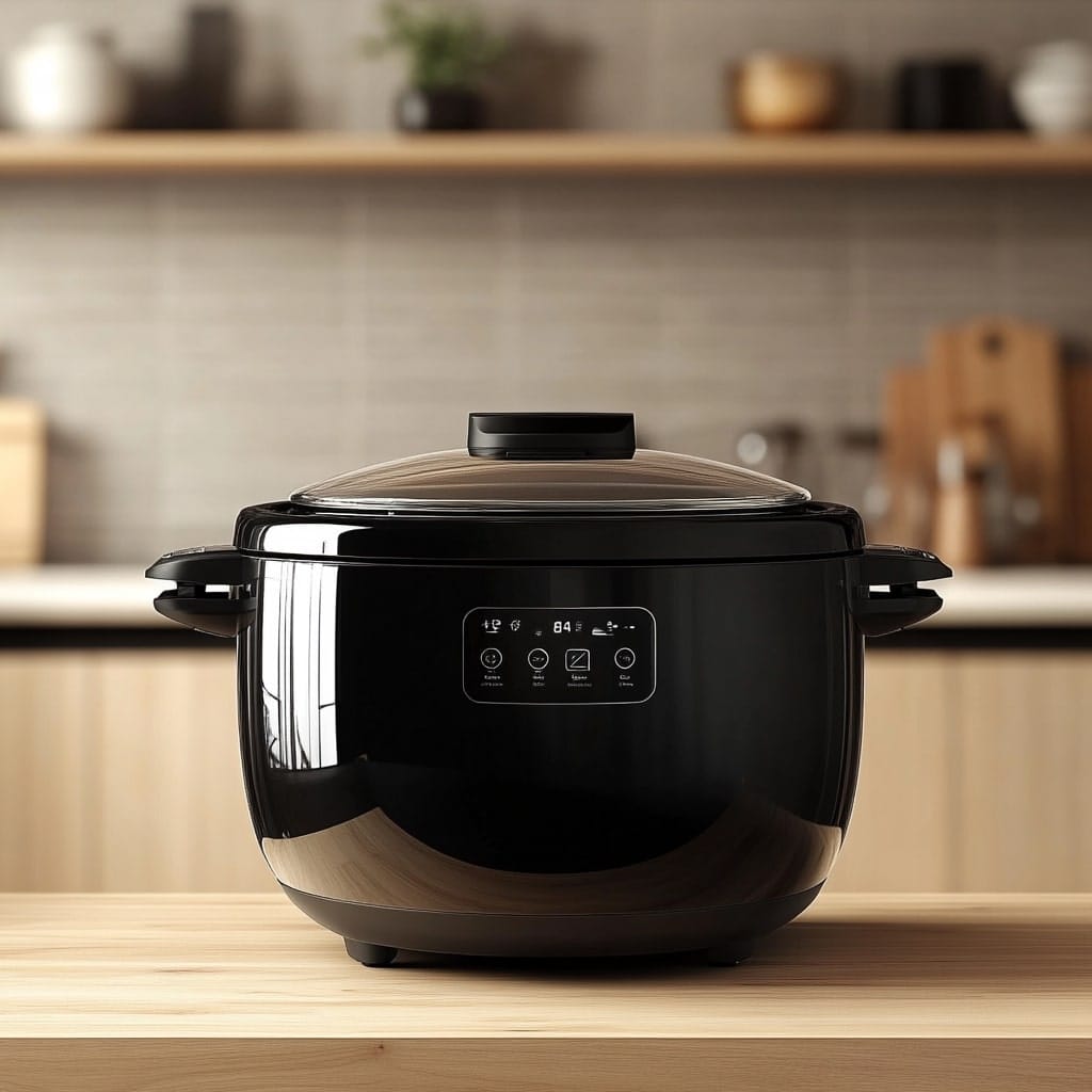 A sleek modern black slow cooker with a glossy finish and digital controls, placed on a wooden countertop in a minimalist kitchen.