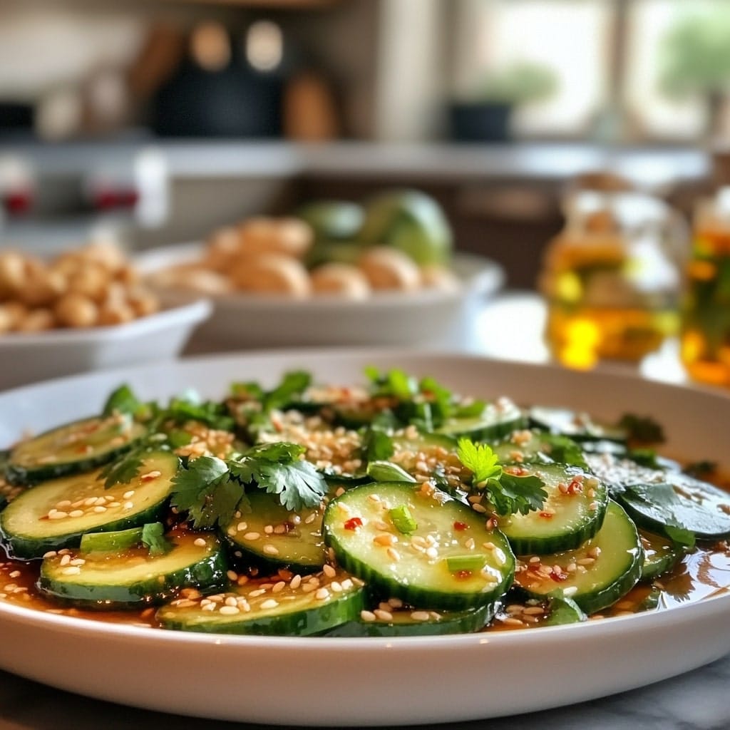 Refreshing Din Tai Fung-style cucumber salad with sliced cucumbers, sesame seeds, cilantro, and a flavorful garlic soy dressing.