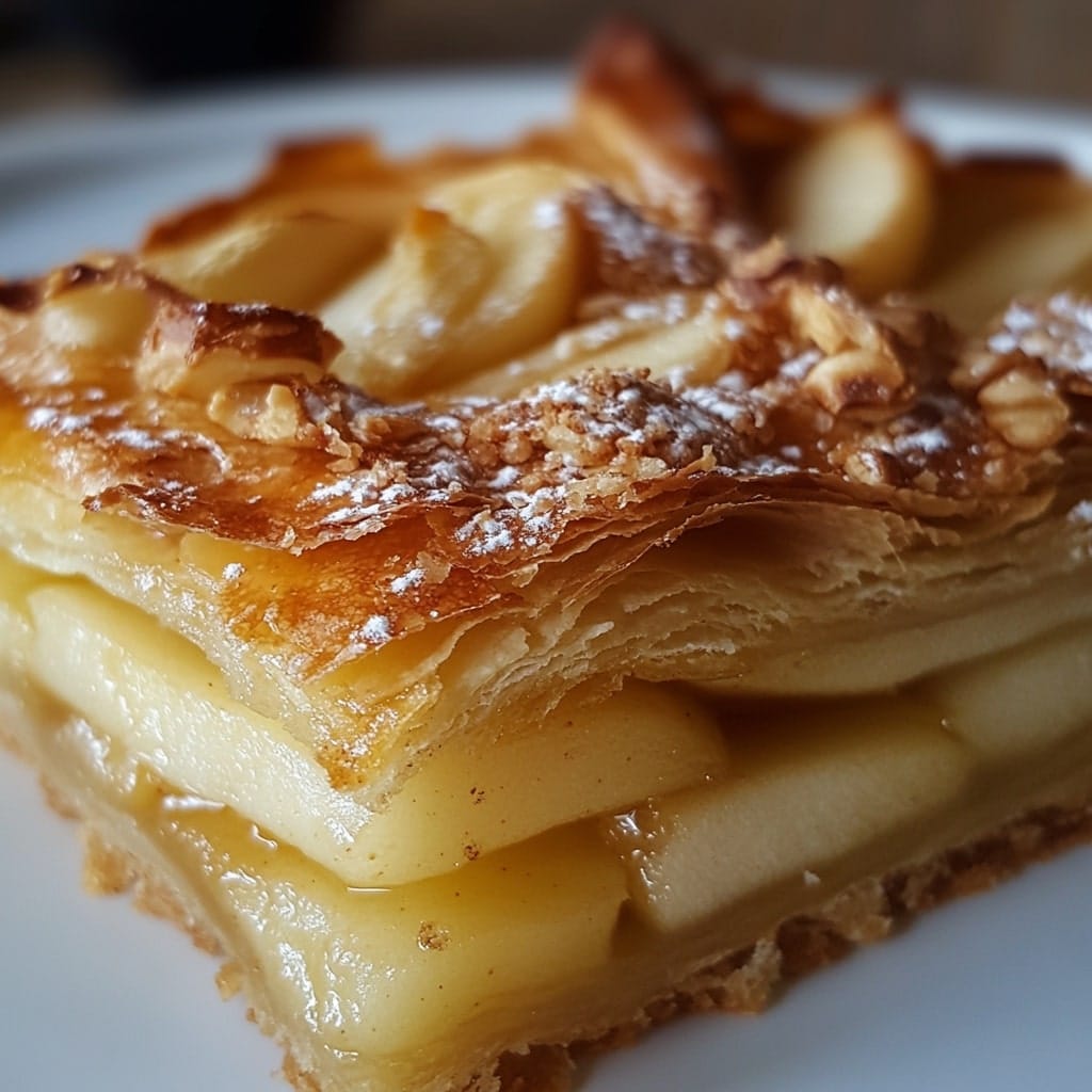 Apple Puff Pastry Recipe Flaky apple puff pastry with layers of caramelized apples, golden-brown crust, and a dusting of powdered sugar.