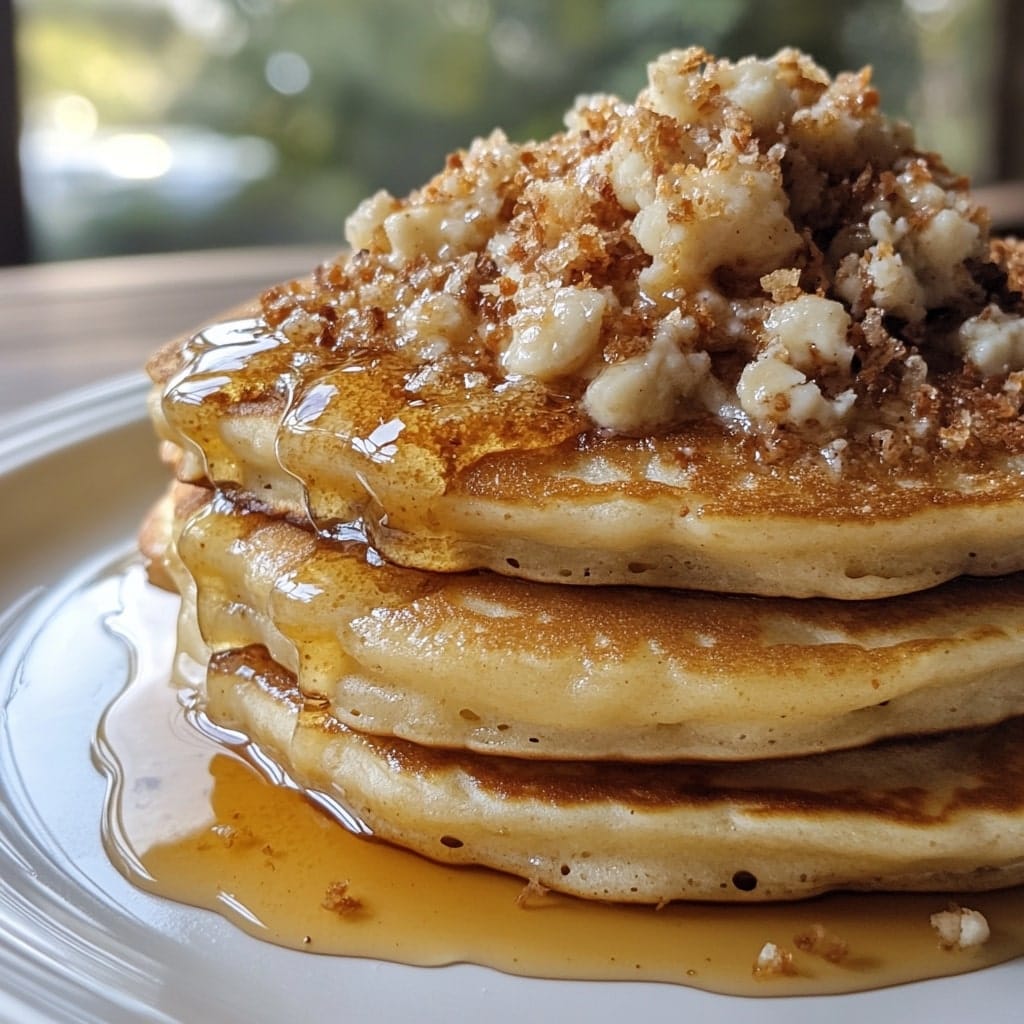 Fluffy homemade Cracker Barrel-style pancakes stacked with maple syrup and a buttery crumble topping.