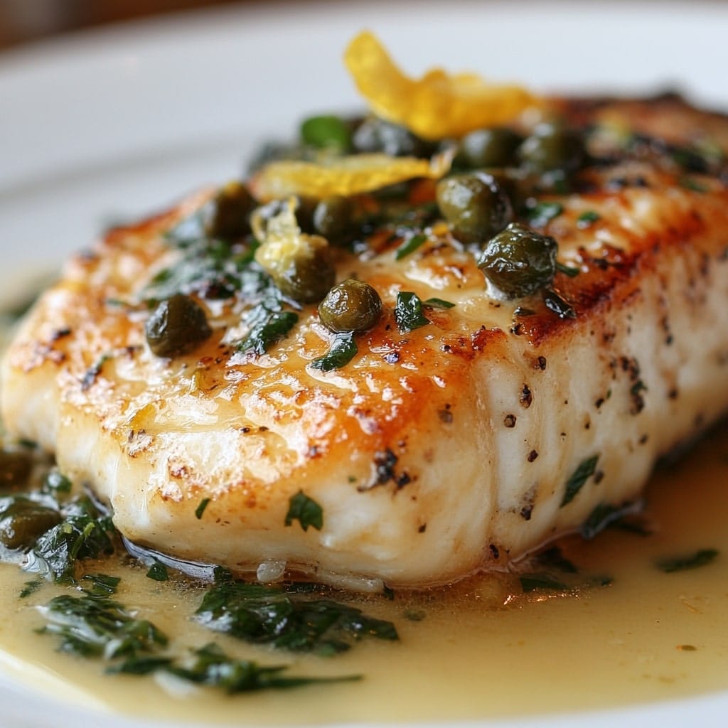 Pan-seared rockfish fillet with a golden crust, topped with capers, lemon zest, and fresh herbs in a buttery white wine sauce.