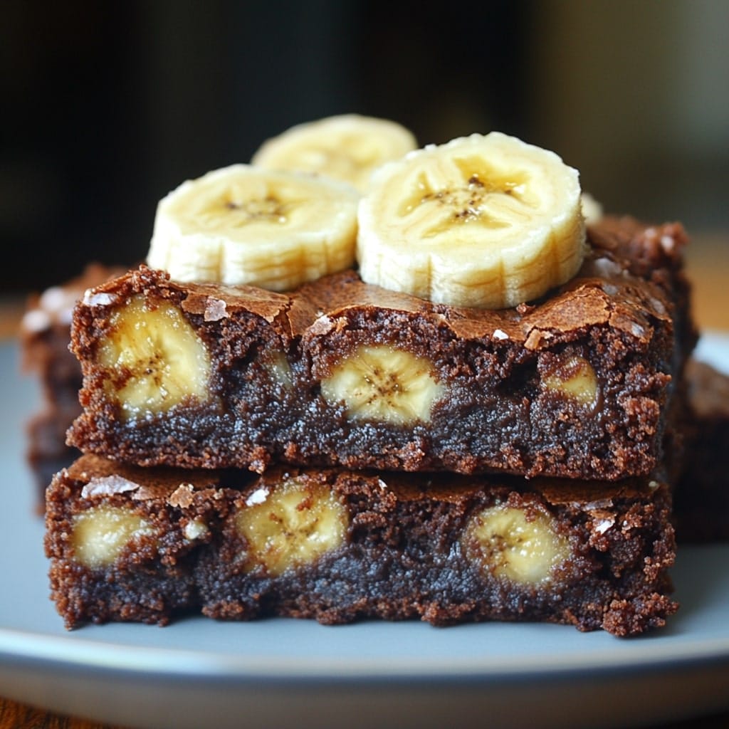 Decadent fudgy banana brownies with chocolate chunks, featuring caramelized banana slices on top.