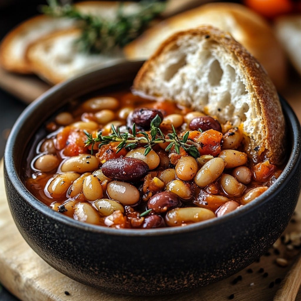 Homemade baked beans in a rustic bowl, simmered in a rich tomato sauce with fresh herbs and served with crusty bread.