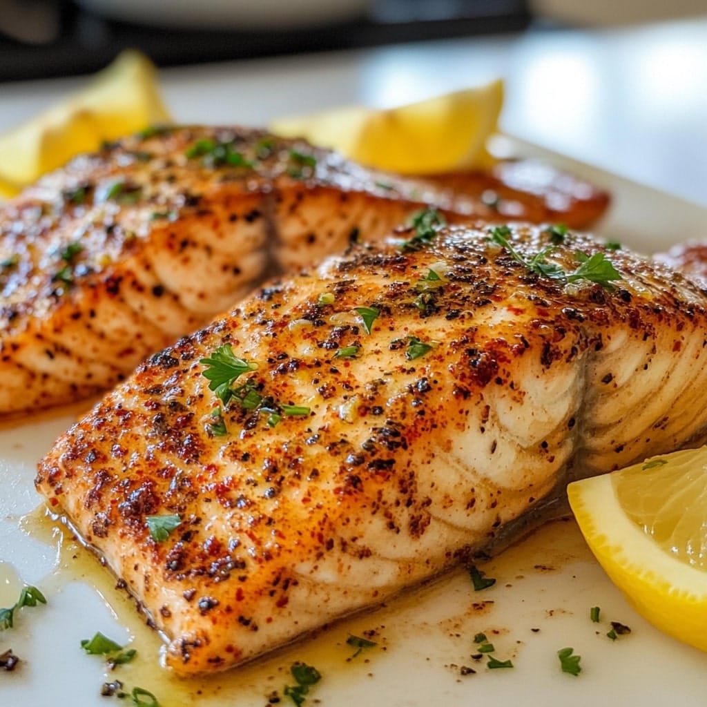 Oven-roasted steelhead trout fillets with a crispy, golden-brown crust, garnished with fresh parsley and served with lemon wedges.