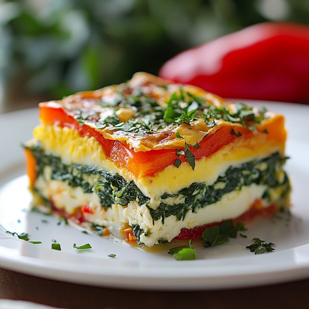 Delicious egg loaf vegan with layers of tofu, spinach, roasted red peppers, and a golden flaky crust, garnished with fresh herbs.