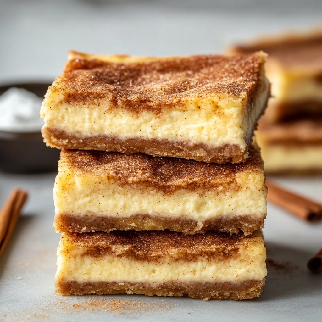 Three stacked churro cheesecake bars featuring a creamy cheesecake center, cinnamon-sugar topping, and a golden crust, with cinnamon sticks in the background.