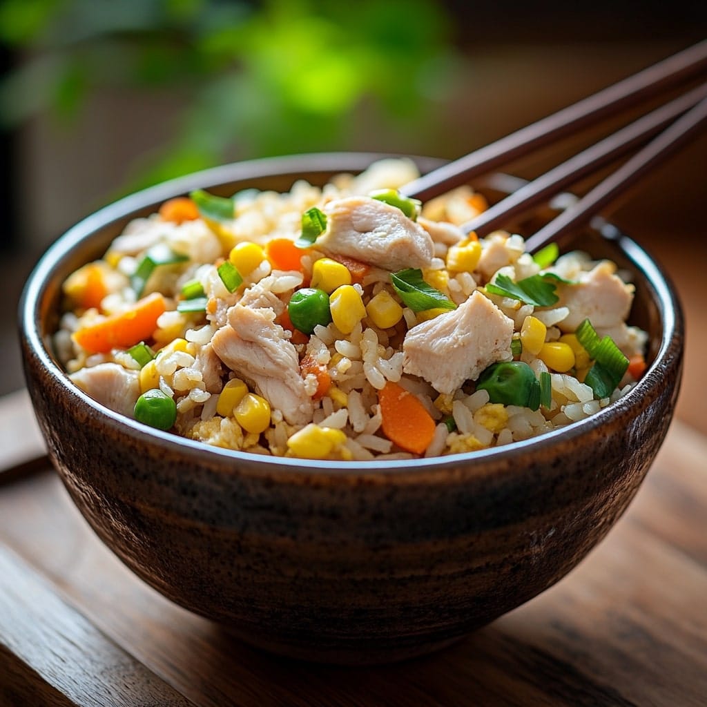 A bowl of Benihana-style chicken fried rice with vibrant peas, carrots, corn, and green onions, garnished with chopsticks on the side.