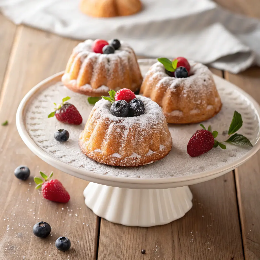 Mini bundt cakes dusted with powdered sugar and fresh berries on a plate.