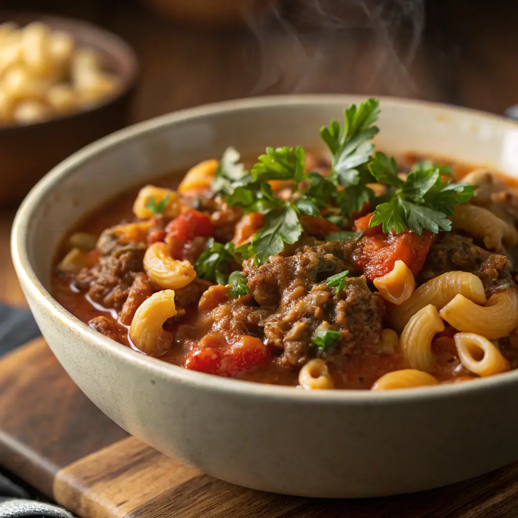 A hearty bowl of American goulash garnished with fresh parsley.