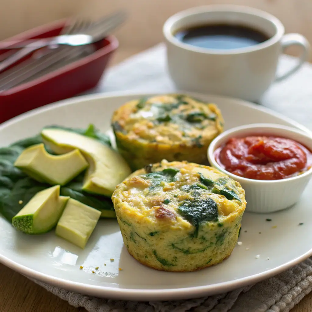 egg-muffins-spinach-feta-serving Egg muffins with spinach and feta served with avocado and hot sauce.