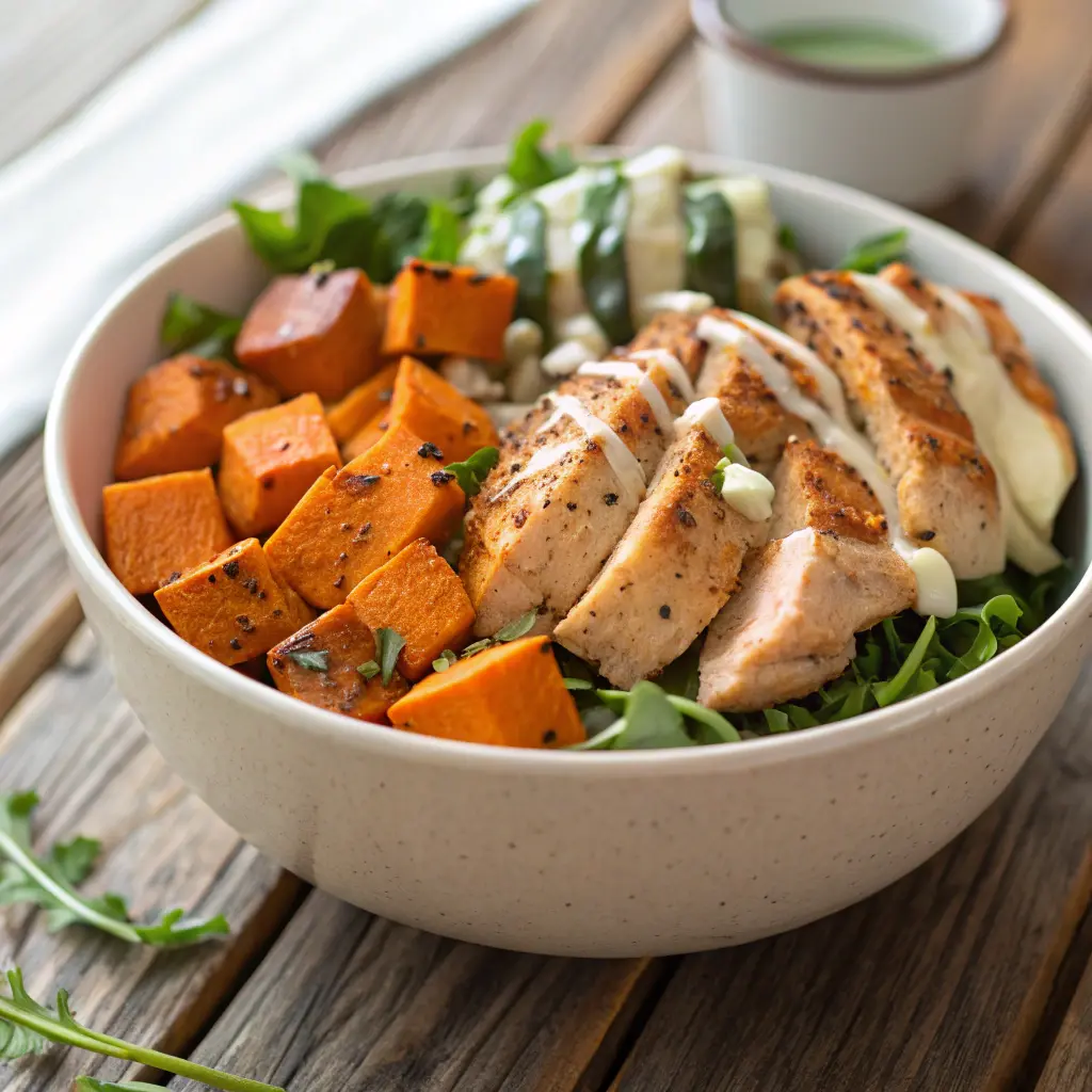 Chicken and sweet potato bowl with fresh greens and dressing.