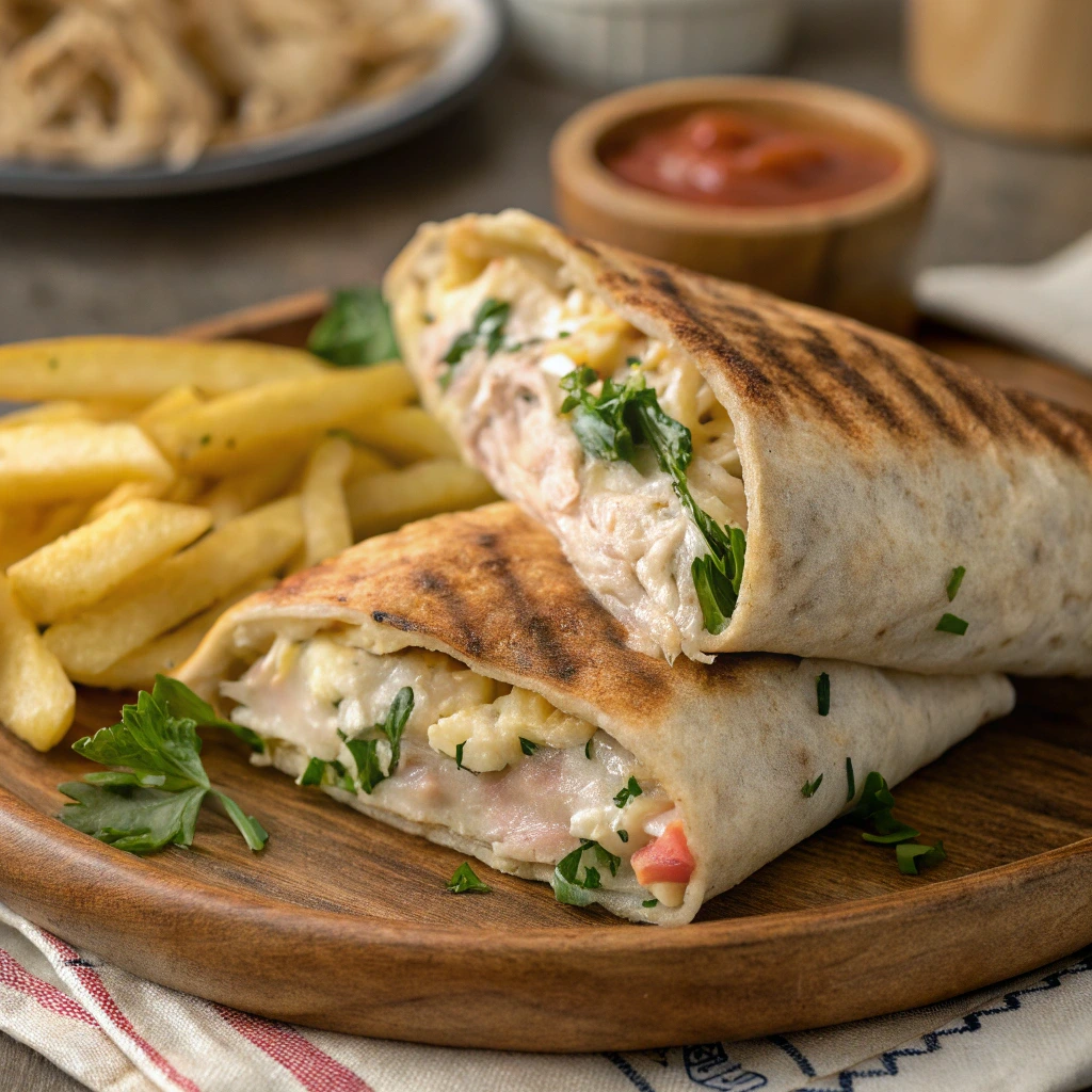 Crispy tuna melt wrap with melted cheese and fries