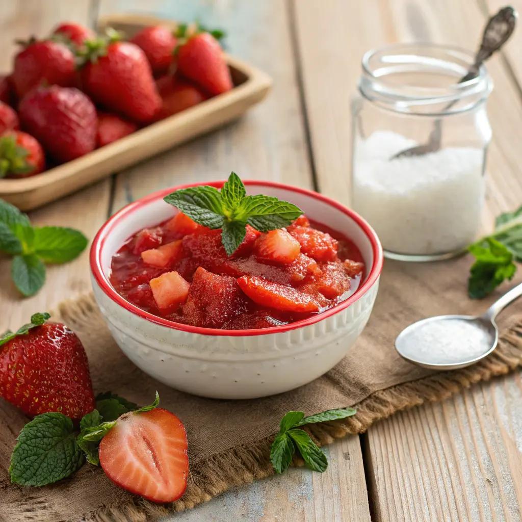 Strawberry compote in a bowl with fresh strawberries.