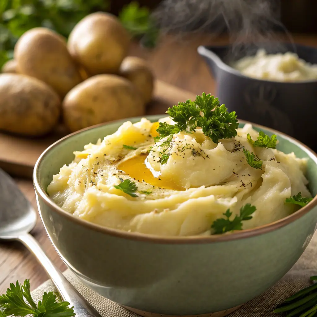 Creamy mashed potatoes with melted butter