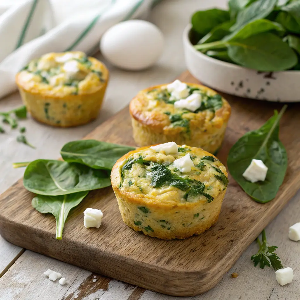 Freshly baked egg muffins with spinach and feta on a wooden board.