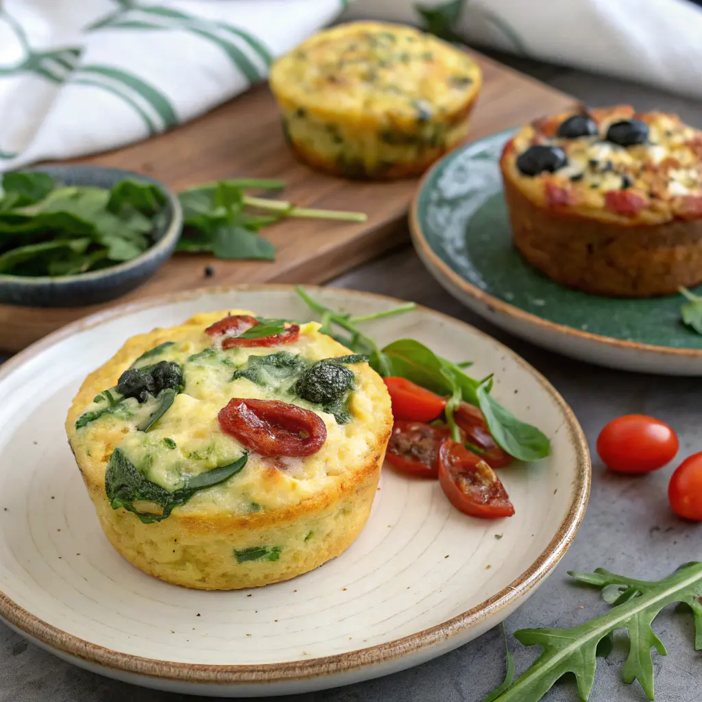 egg-muffin-variations Three variations of egg muffins – spinach and feta, jalapeño cheddar, and Mediterranean style.