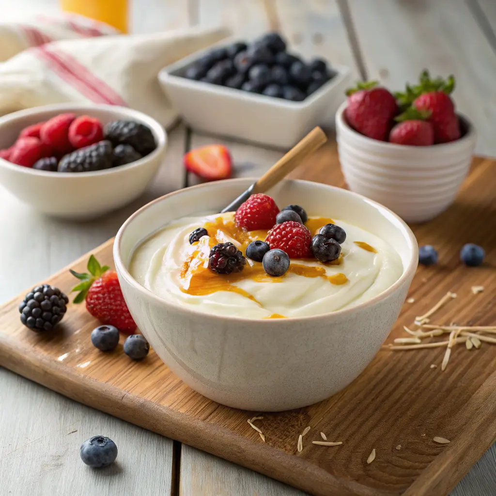 Thick and creamy homemade Greek yogurt recipe with honey and berries