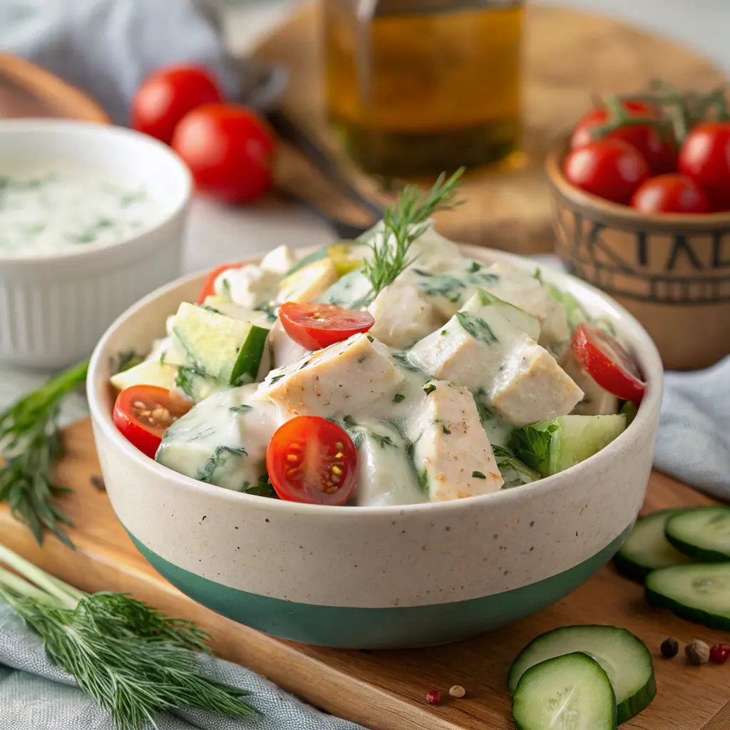 Fresh tzatziki chicken salad with creamy yogurt dressing