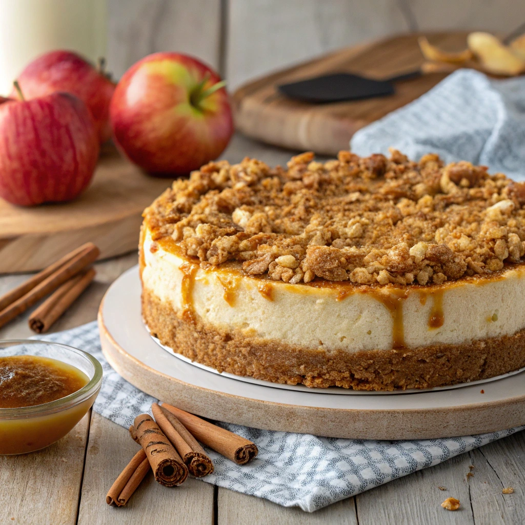 Apple crisp cheesecake with golden streusel topping